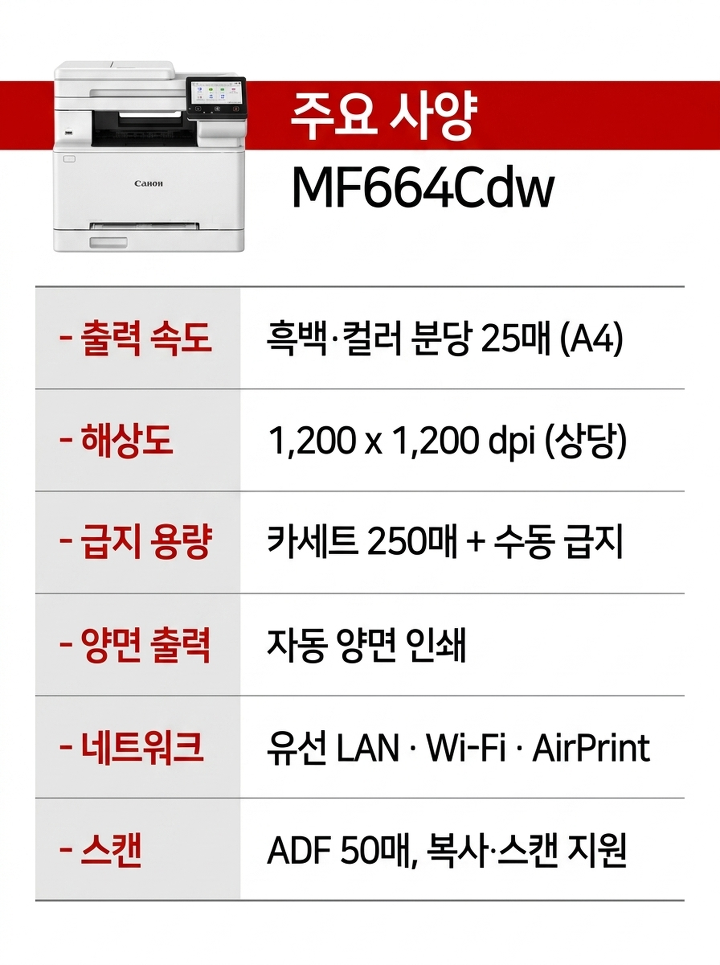 캐논 MF664 컬러복합기(A4) 렌탈 4년약정 카탈로그