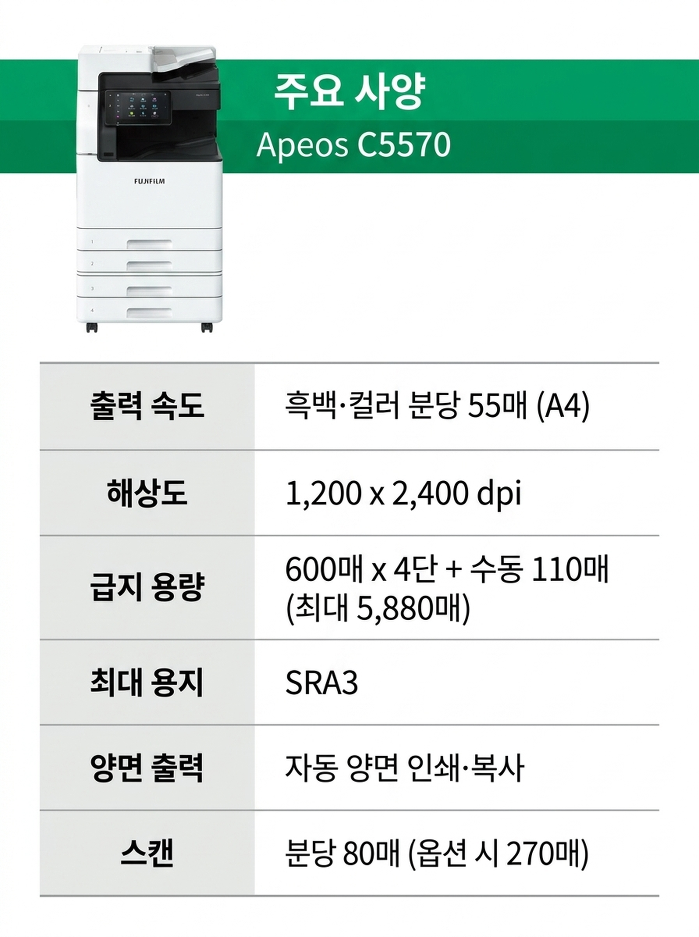 후지제록스 Apeos C5570 컬러복사기 렌탈 4년약정 카탈로그