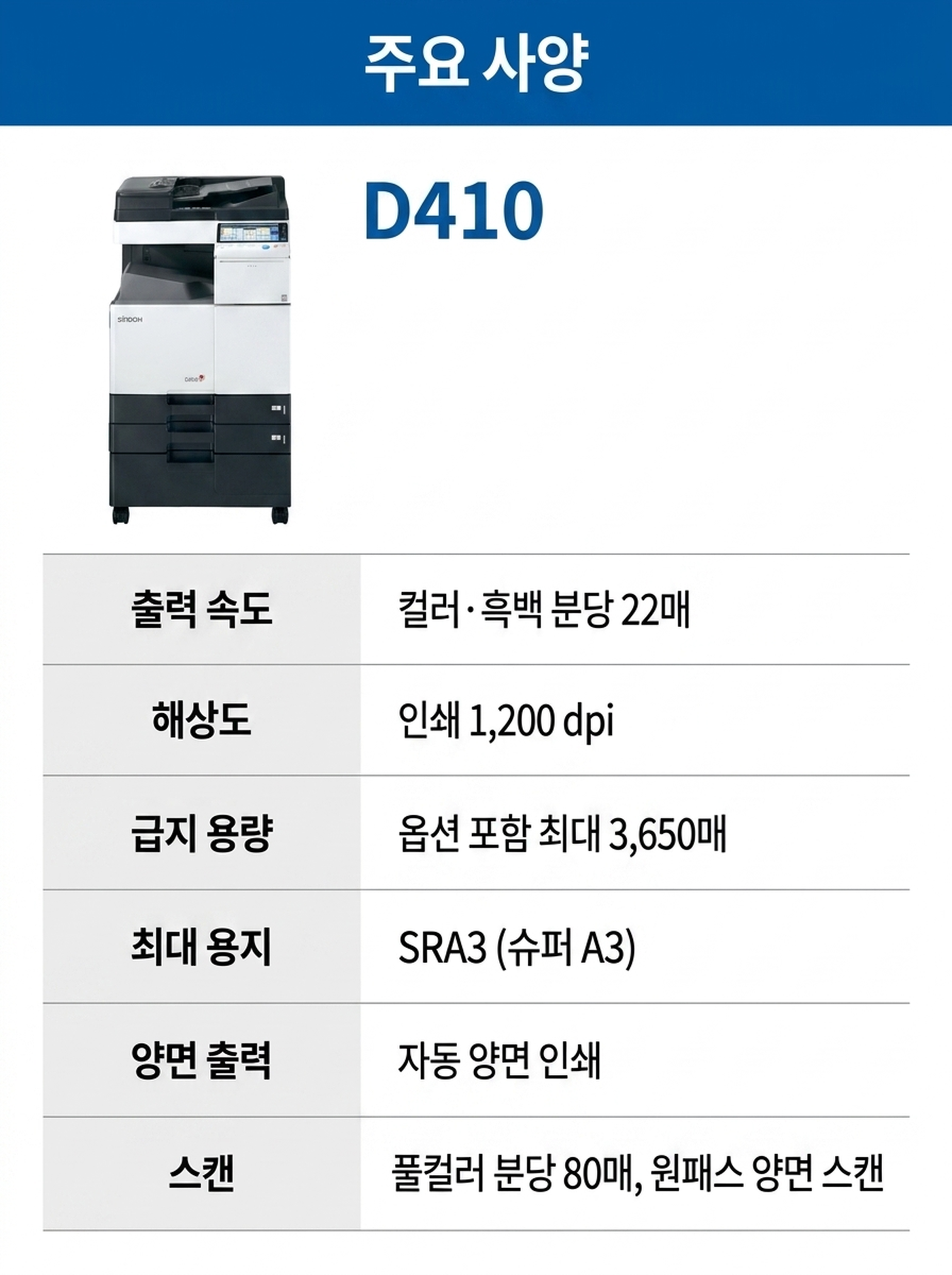 신도리코 D410 컬러복사기 렌탈 3년약정 카탈로그