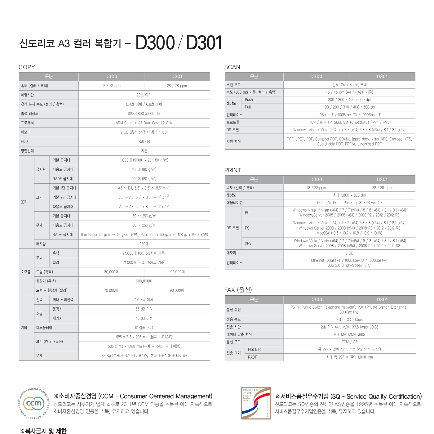신도리코 D300 컬러복사기 렌탈 3년약정 카탈로그