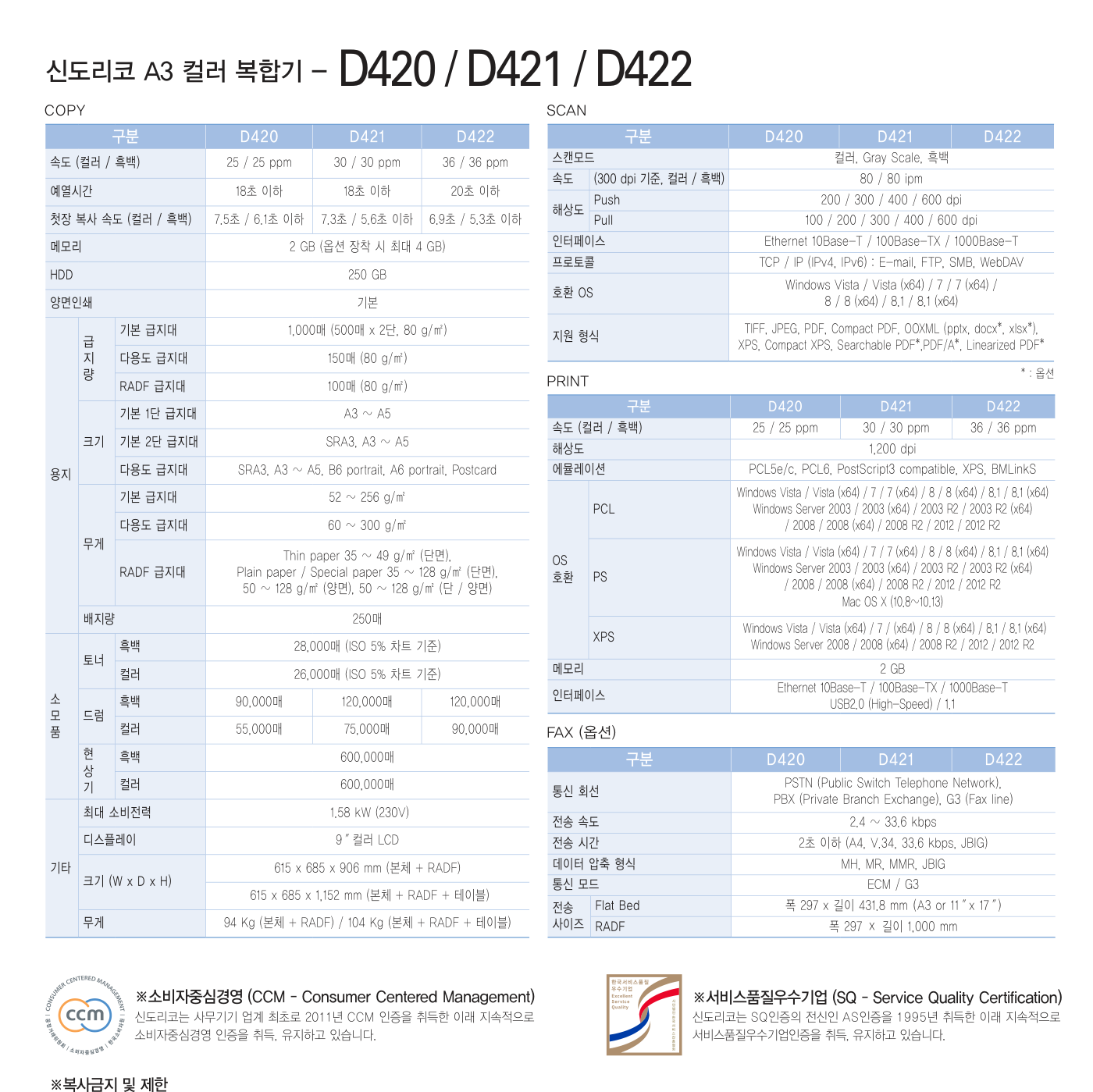 신도리코 D420 컬러복사기 렌탈 3년약정 카탈로그